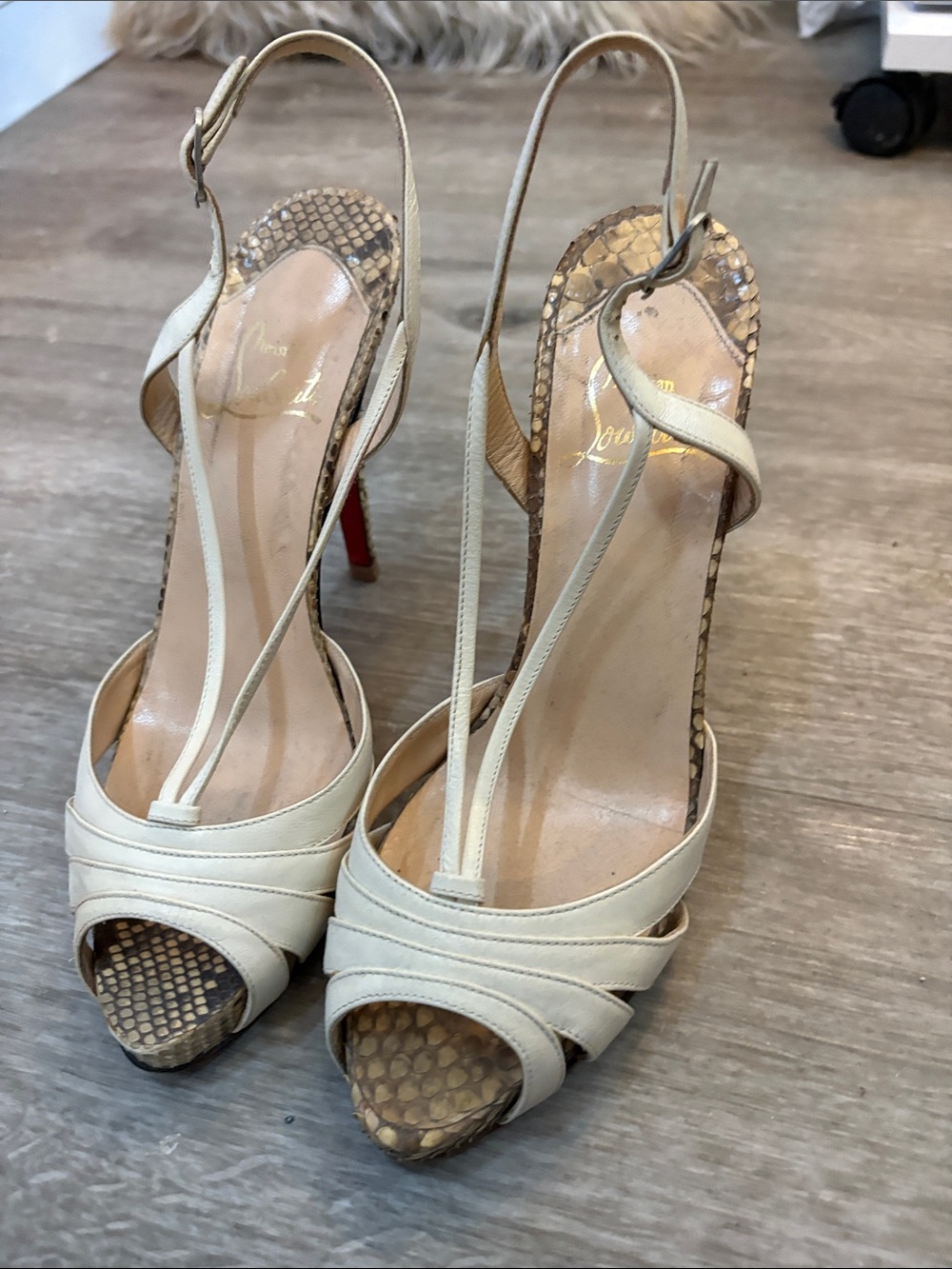 Christian Louboutin Cream and Snakeskin Slingback Heels